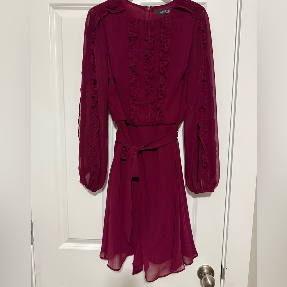 Ralph Lauren Burgundy Long Sleeve Ruffle Trim Chiffon Dress